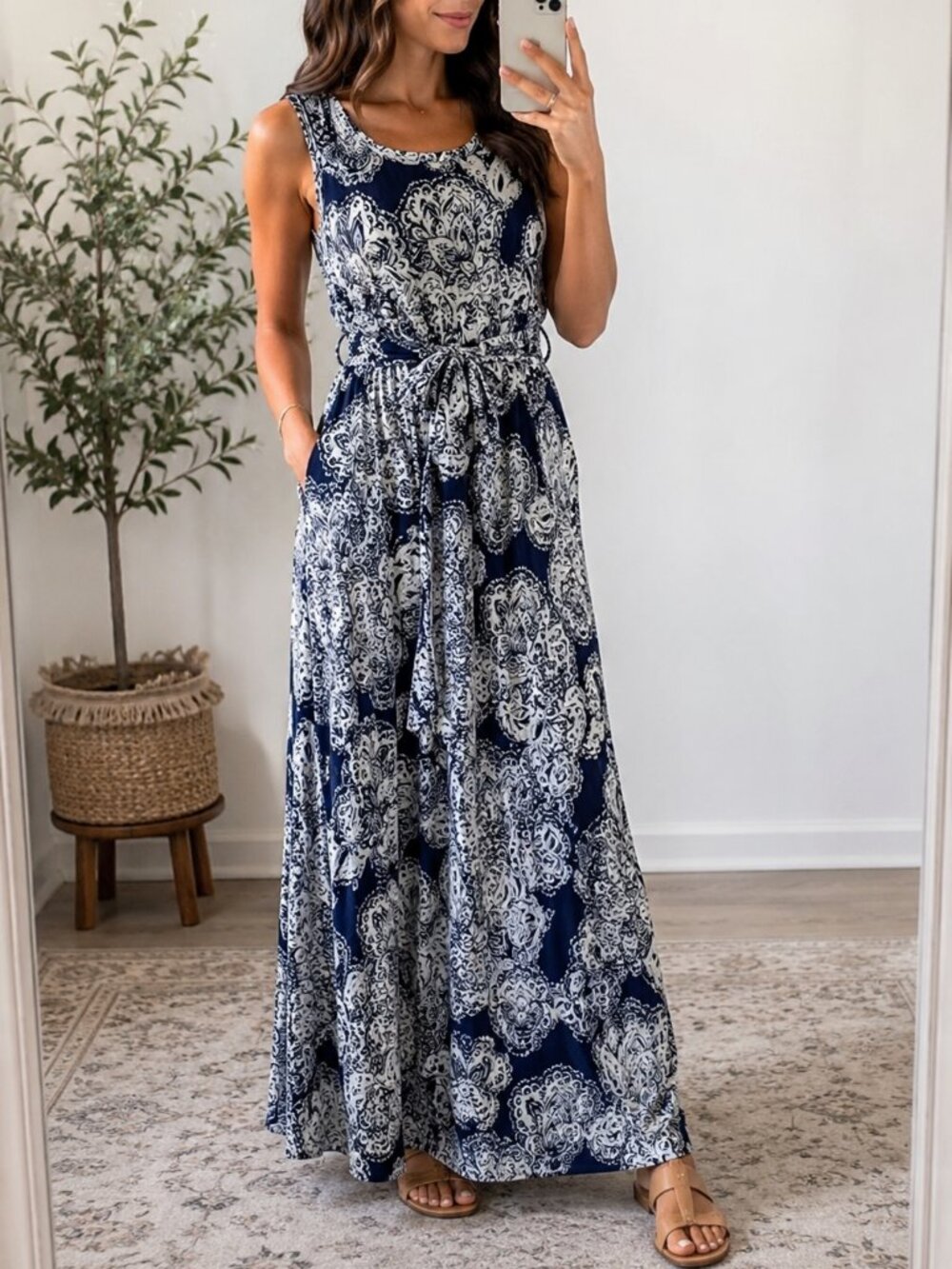 Soma Navy White Paisley Maxi Dress Super Soft Stretch Sleeveless | Size Small